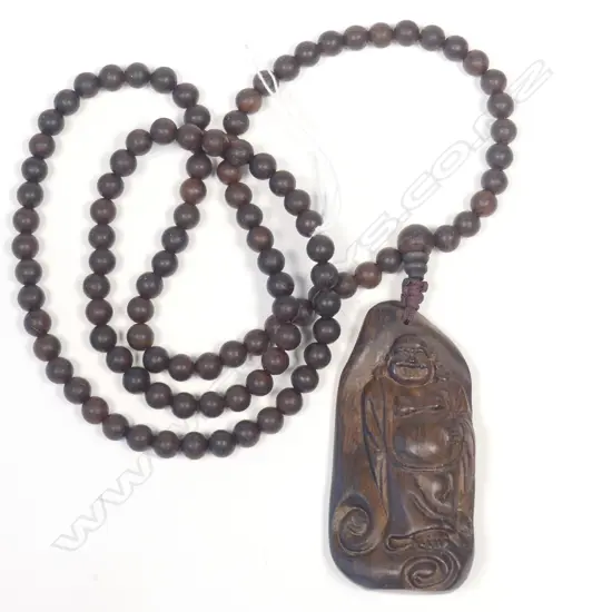CHINESE AGARWOOD CARVED LAUGHING BUDDHA BEADED CHAIN