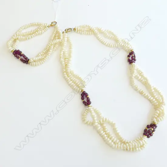 WHITE FRESH WATER PEARL/GARNET TWISTED NECKLACE WITH MATCHING BRACELET