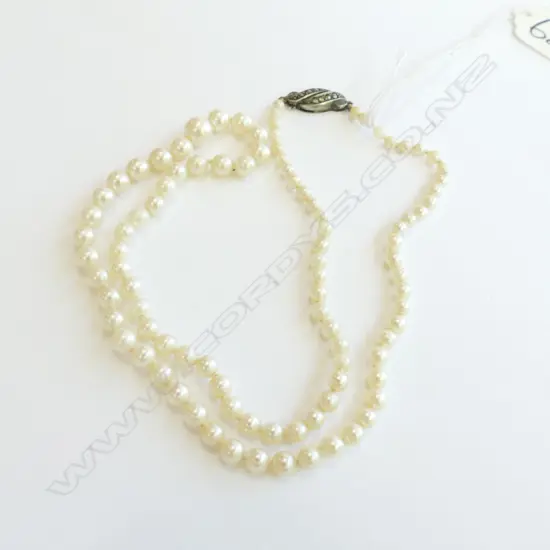 SINGLE STRAND OF 97 GRADUATED TAKAYA CULTURED PEARLS w MARCISTE & SILVER CLASP 3-7mm