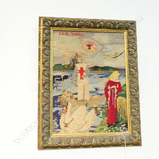 TAPESTRY SCENE 2 FIGURES AND SWAN 450MM H 350MM W