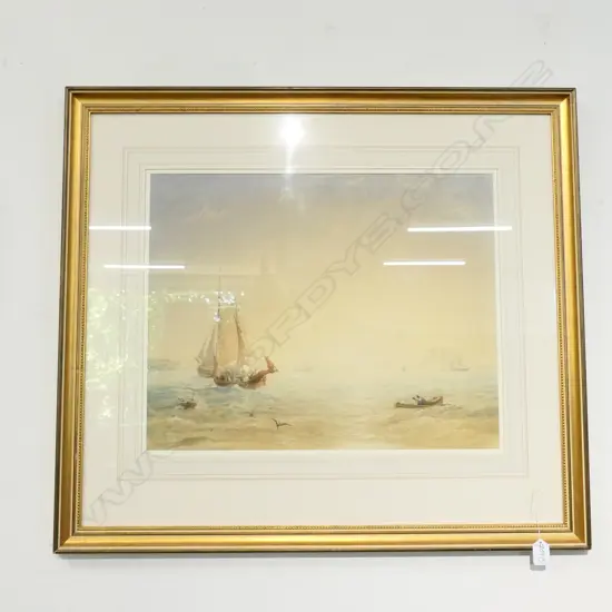 LARGE UNSIGNED 19thC ENGLISH W/C, COASTAL SCENE WITH SHIPS & BOATS 420 x 530mm
