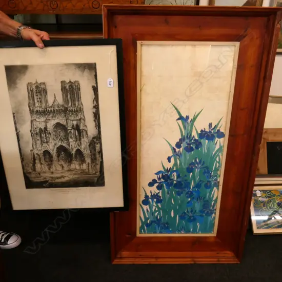 LOUIS ORR ETCHING SGD IN PENCIL W/ LOUVRE BLINDSTAMP + TOGETHER WITH ORIENTAL PRINT - FRAME: 1240 X 680MM