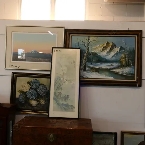 2 OIL PAINTINGS AND TWO PRINTS - LARGEST FRAME: 1100 X 815