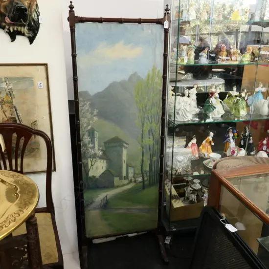 19TH CENT. SCREEN IN FAUX BAMBOO FRAME AUSTRIAN CHATEAU SCENE 1510MM H