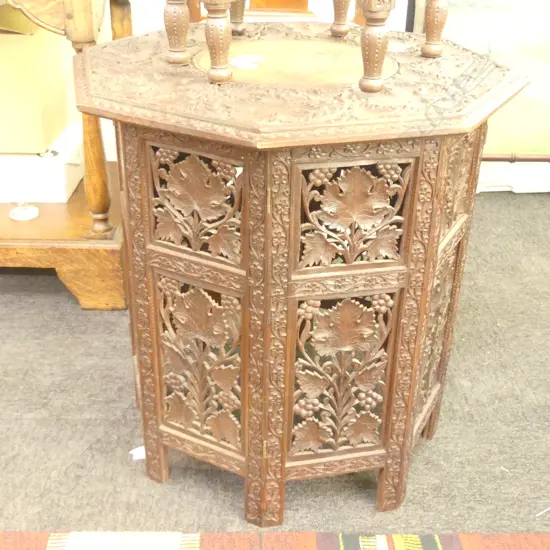 CARVED TEAK FOLDING SIDE TABLE