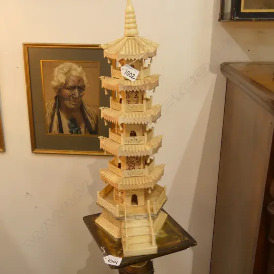 TALL OLD CARVED BONE PAGODA TEMPLE...
