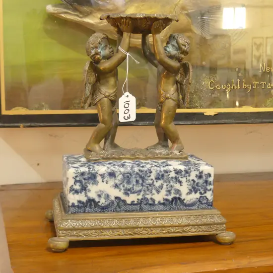 MANTEL GARNITURE PAIR BRONZE CHERUBS ON DELFT BASE 280MM H