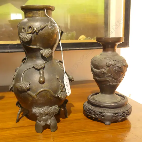 2 BRONZE VASES, JAPANESE MEJI, LARGEST, H. 210MM