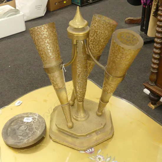 ART DECO QUALITY BRONZE & HEAVY ETCHED GLASS TABLE EPERGNE H. 520MM