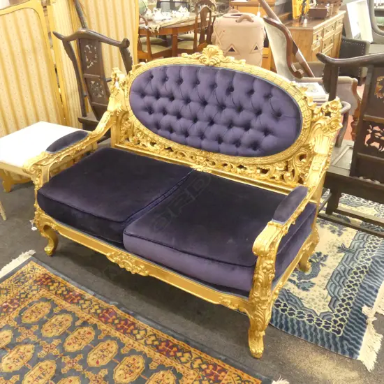 BLUE VELOUR FRENCH LOUIS XV STYLE GOLD SOFA W. 1320MM