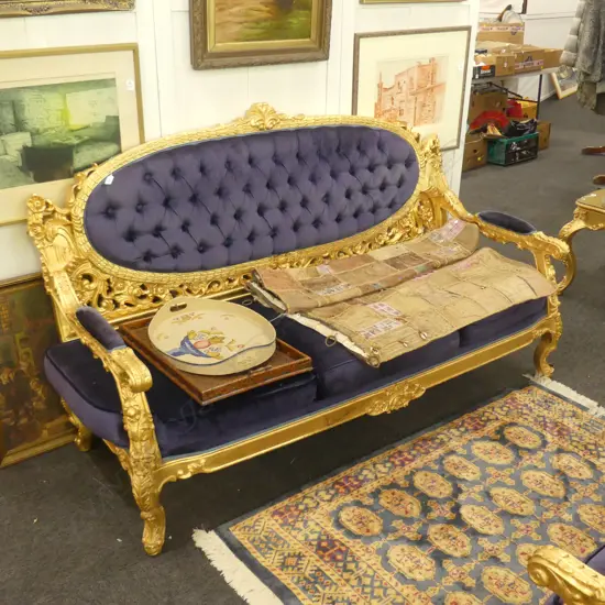 BLUE VELOUR FRENCH LOUIS XV STYLE GOLD SOFA W. 1820MM