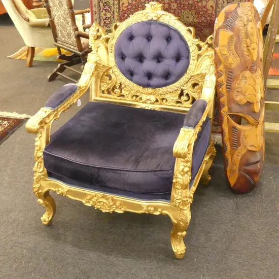 BLUE VELOUR FRENCH LOUIS XV STYLE GOLD ARMCHAIR W. 730MM