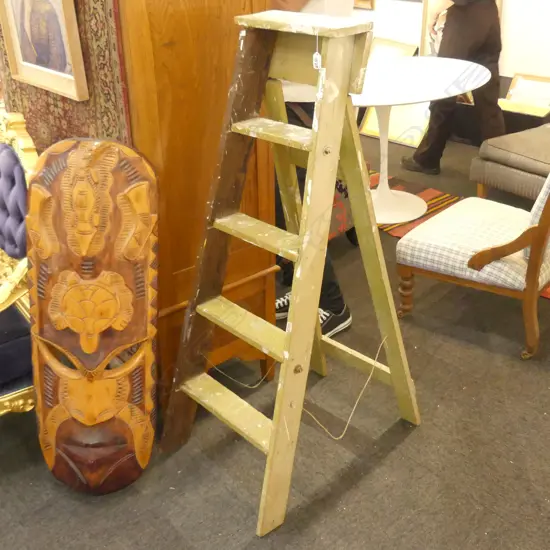 OLD GREEN PAINTED WOODEN LADDER