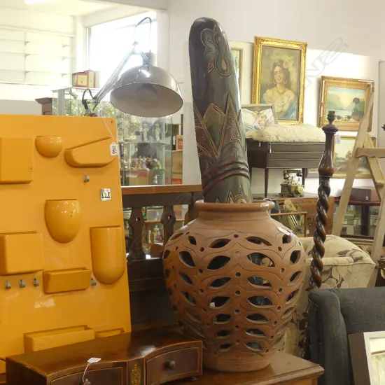 CARVED TRIBAL MASK + CERAMIC POT