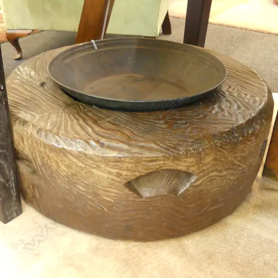 WOODEN CARVED DECORATIVE CENTREPIECE WITH METAL BOWL 700MM DIA