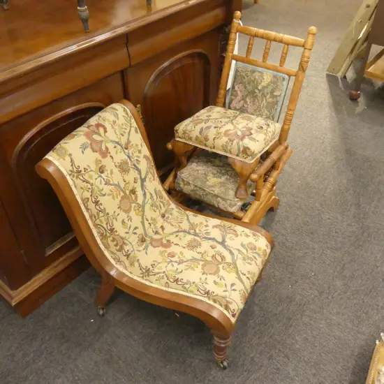 VINTAGE CHILDS SLIPPER CHAIR, FOOTREST AND ROCKING CHAIR
