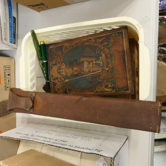 LOT ASST INCL IVORY(?) SLIDE RULE IN LEATHER POUCH ETC