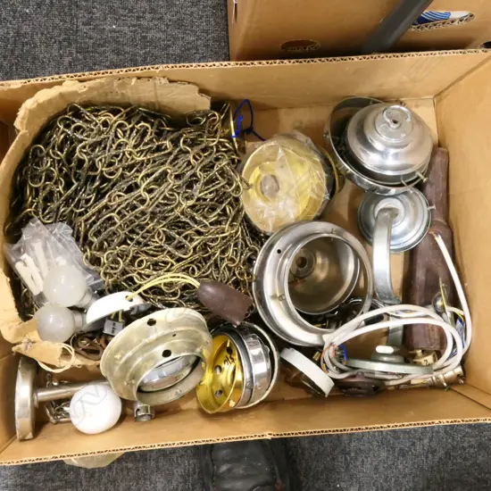BOX LOT ASST. VINTAGE LIGHT FITTINGS, CHAINS