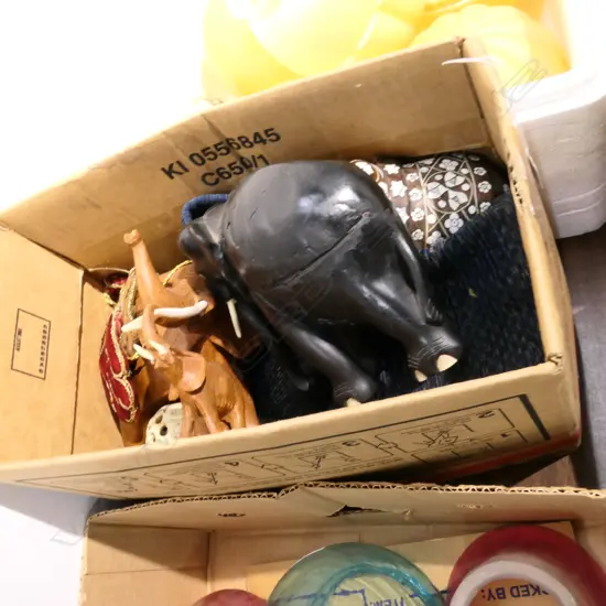 BOX LOT ELEPHANT RUG, ASST. ELEPHANTS, SPECTACLE CASES