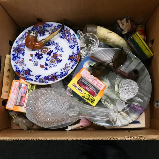 BOX LOT CLARICE CLIFF BOOK, PLATES, PIPE, HORN, DECANTER ETC