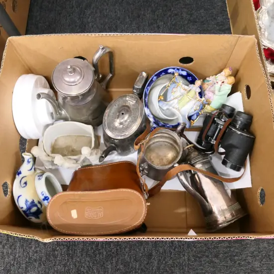 BOX LOT ASST. EPNS POTS, CHINA, BINOCULARS ETC