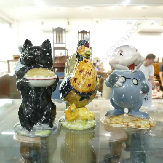 3 BESWICK FIGURINES; DUSTY MOLE, SALLY HENNY PENNY, DUCHESS