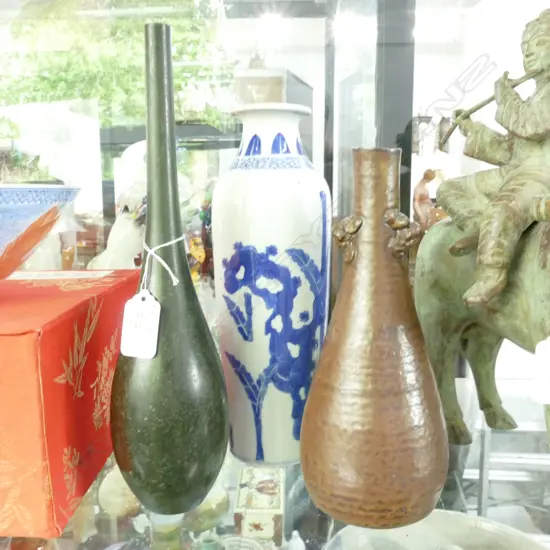 3 ASIAN VASES; METAL, B/W, OTHER