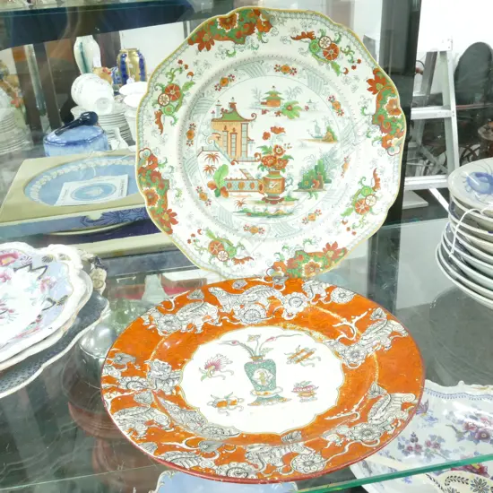 2 ORANGE VICTORIAN PLATES; ASHWORTH AND 'PENANG' 260MM DIA