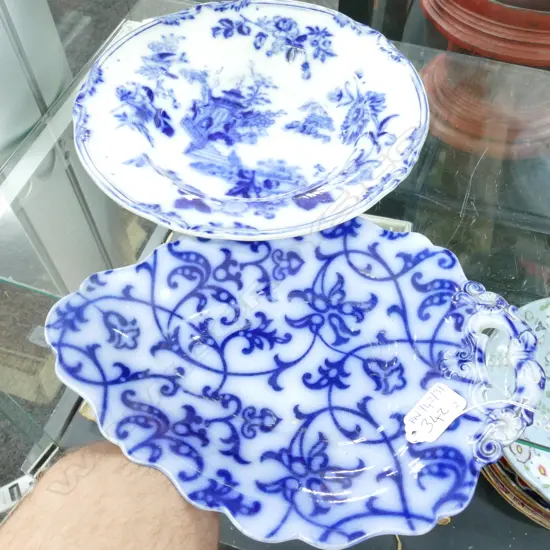 2 PCES VICTORIAN BLOW FLOW CHINA; LEAF PLATE & SOUP BOWL