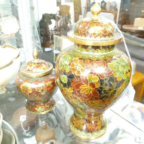 2 CLOISONNE LIDDED JARS H 200 MM