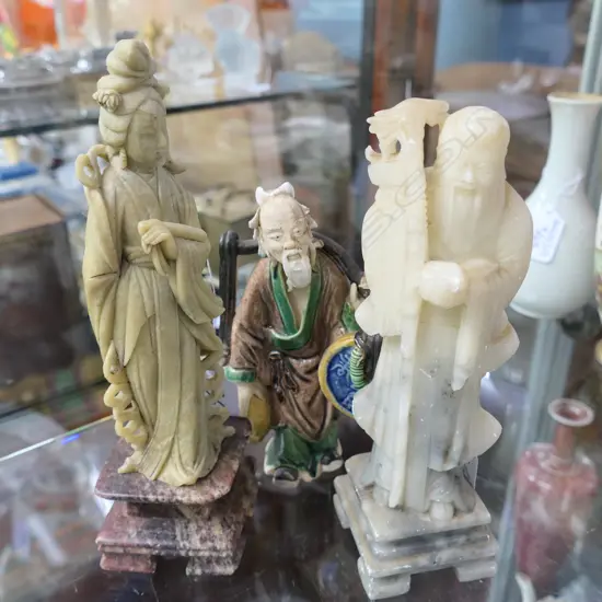 2 ORIENTAL SOAPSTONE FIGURES + ONE CERAMIC H 220 MM