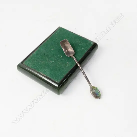 SILVER INLAID KIWI ON GREENSTONE + PAUA INLAID SALT SPOON