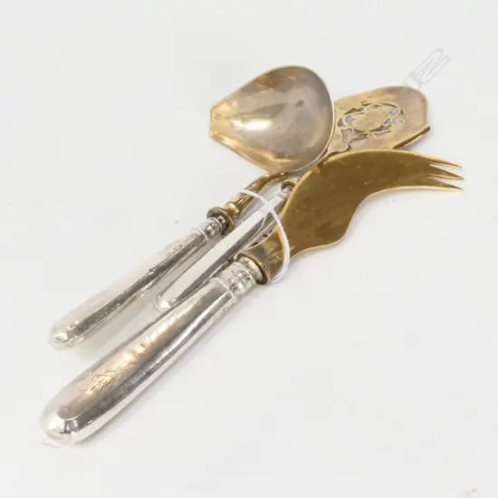 CONTINENTAL .875 SILVER AND GILT SERVING UTENSILS - SLICE / LADLE / CHEESE KNIFE C. 1900