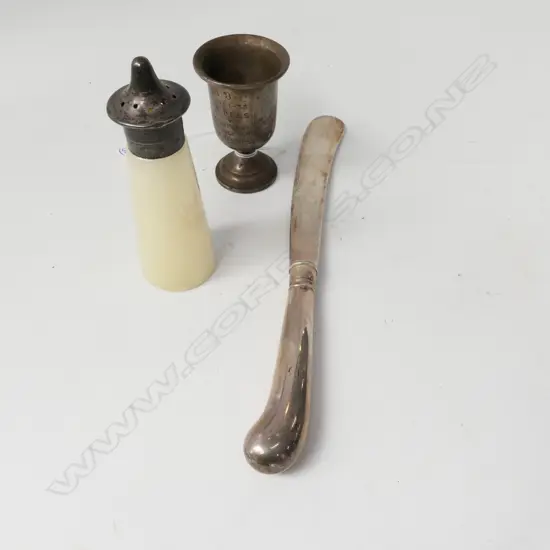 3 STG SILVER PCES; TROPHY, SHAKER, PATE KNIFE