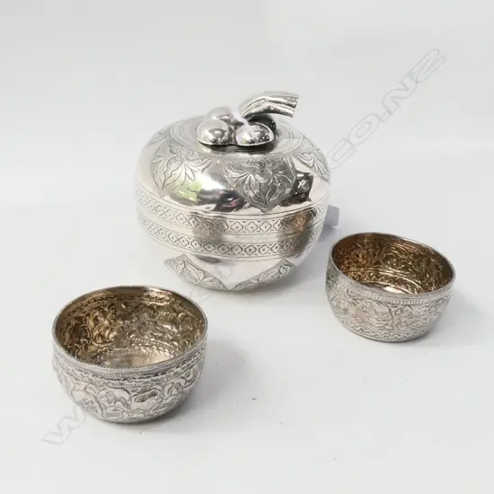 EASTERN SILVER LIDDED BOWL & 2 SMALLER...