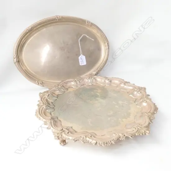 OVAL STG SILVER TRAY; BIRMINGHAM 1910, 335MM L AND 3 FOOTED EP SALVER