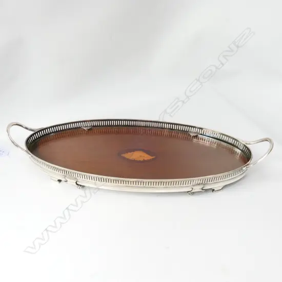 EDWARDIAN MAHOGANY OVAL INLAID TRAY WITH PLATED PIERCED GALLERY L.450MM 