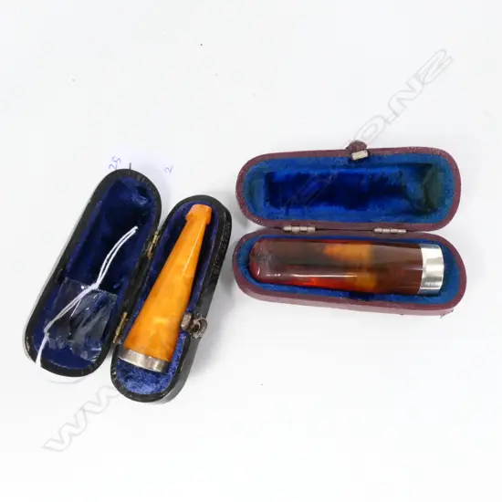TWO AMBER AND SILVER MOUNTED CIGAR HOLDERS IN CASES - BIRMINGHAM 1901