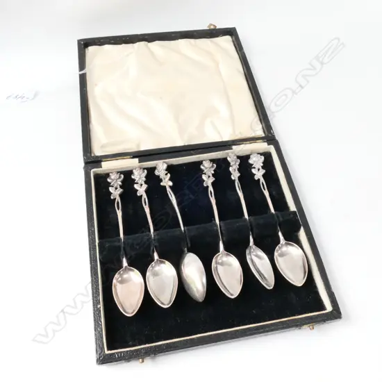 CASED SET 6 SILVER 'ROSES' TEASPOONS STAMPED 400