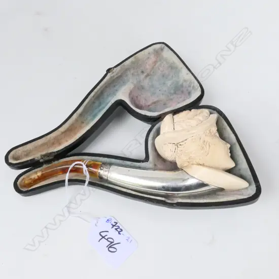 CARVED MEERSCHAUM AND STG PIPE W/ AMBER STEM -  LADY WEARING BONNET - HALLMARKED CHESTER 1906 W. 170MM