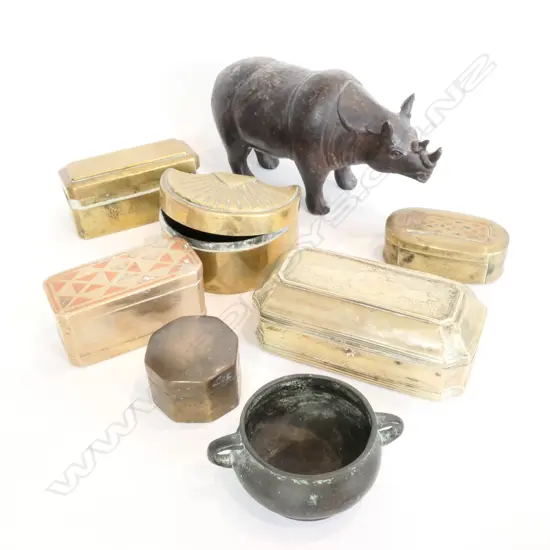 COLLECTION OF INDONESIAN INCENSE BOXES, BRASS RHINO