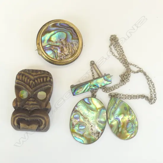 SMALL GROUP PAUA JEWELLERY + WOODEN TIKI