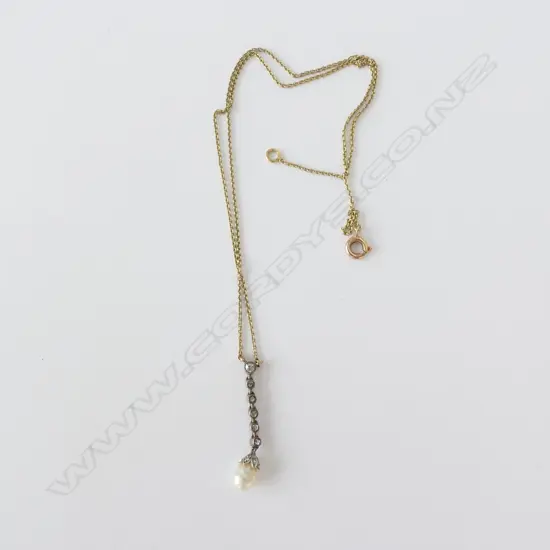 19THC SILVER/GOLD DROP WITH OLDCUT DIAMONDS & PEARL w GOLDTONE CHAIN