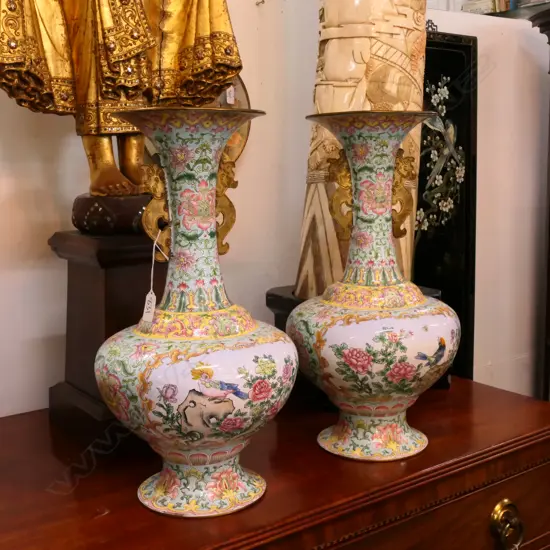 PR REPUBLIC CHINA 20TH C. ENAMEL PAINTED BRASS VASES H. 450MM