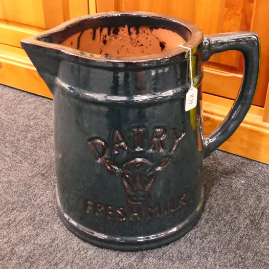 DARK GLAZED LGE JUG 'DAIRY FRESHMILK' H.