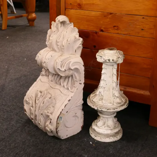 VINTAGE CAST METAL ARCHITECTURAL FINIAL 340MM H AND WOODEN CORBEL