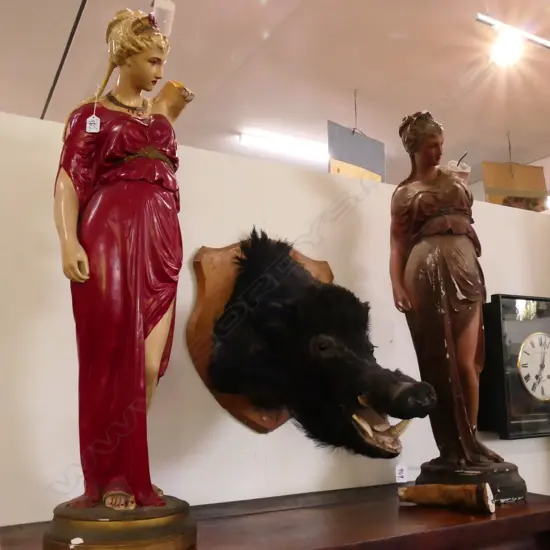 PR STATUES PLASTER LADY IN RED DRESS AF ARMS MISSING 1M H