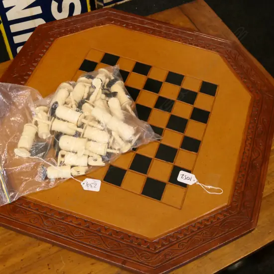 WOODEN CHESS BOARD WITH BONE CHESS PIECES 