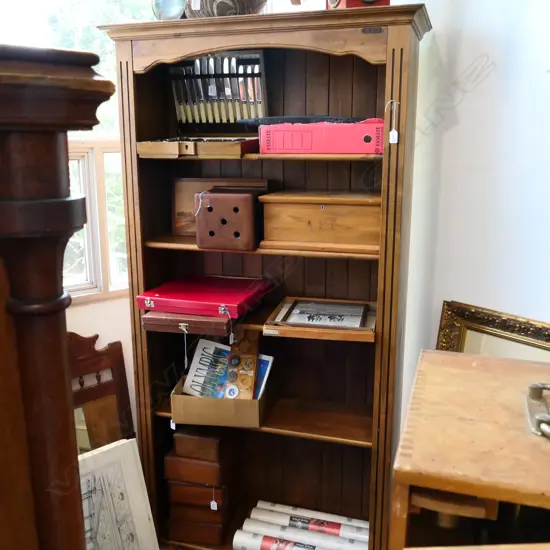 TALL STAINED PINE BOOKCASE
