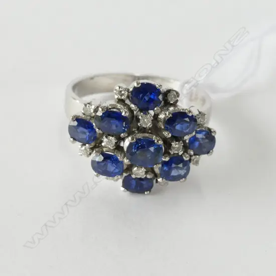 Vint. 9 SAPPHIRE & 13 SMALL DIAMONDS ,PRINCESS STYLE RING